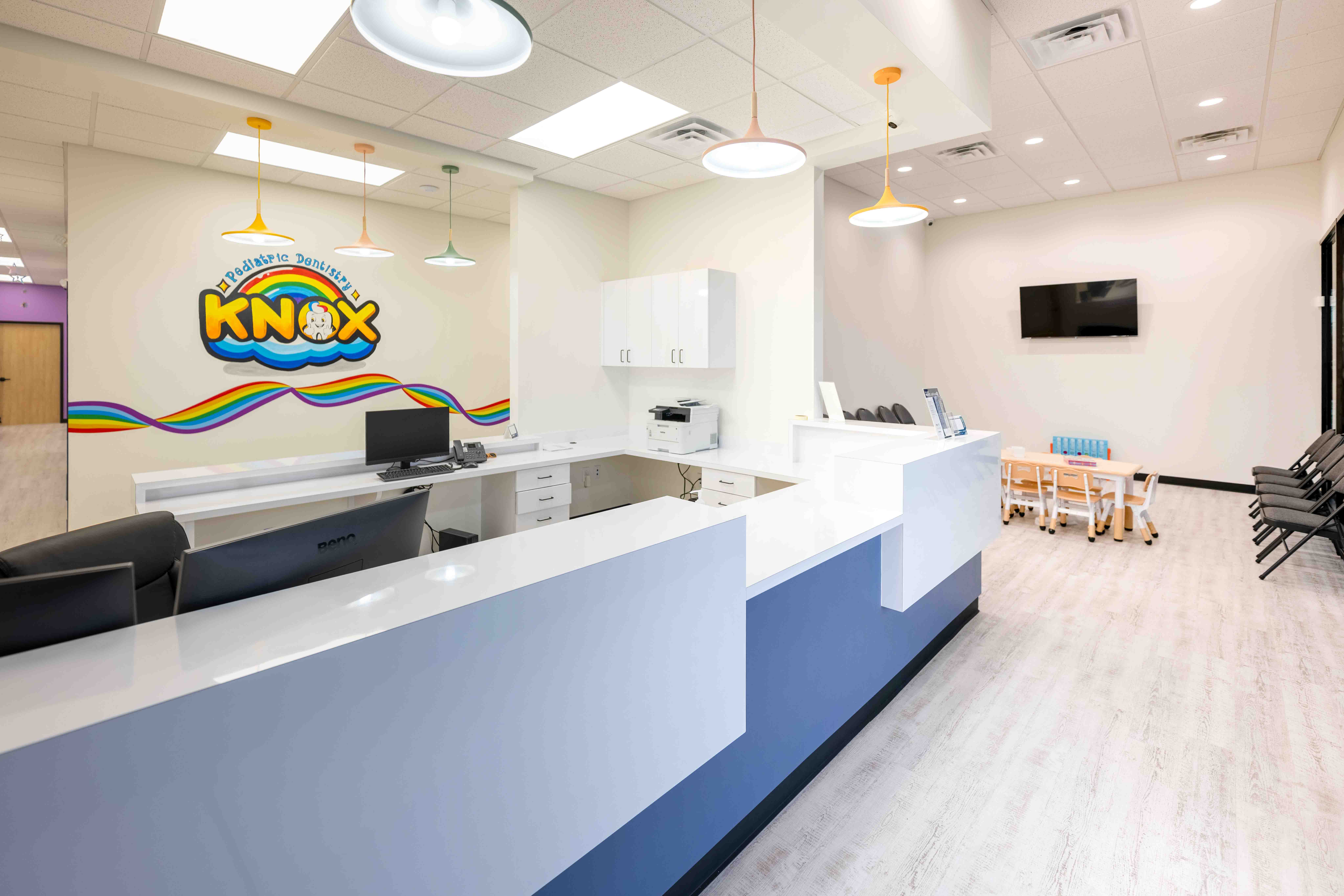 Reception area interior with KNOX branded signage, Houston commercial interior photography