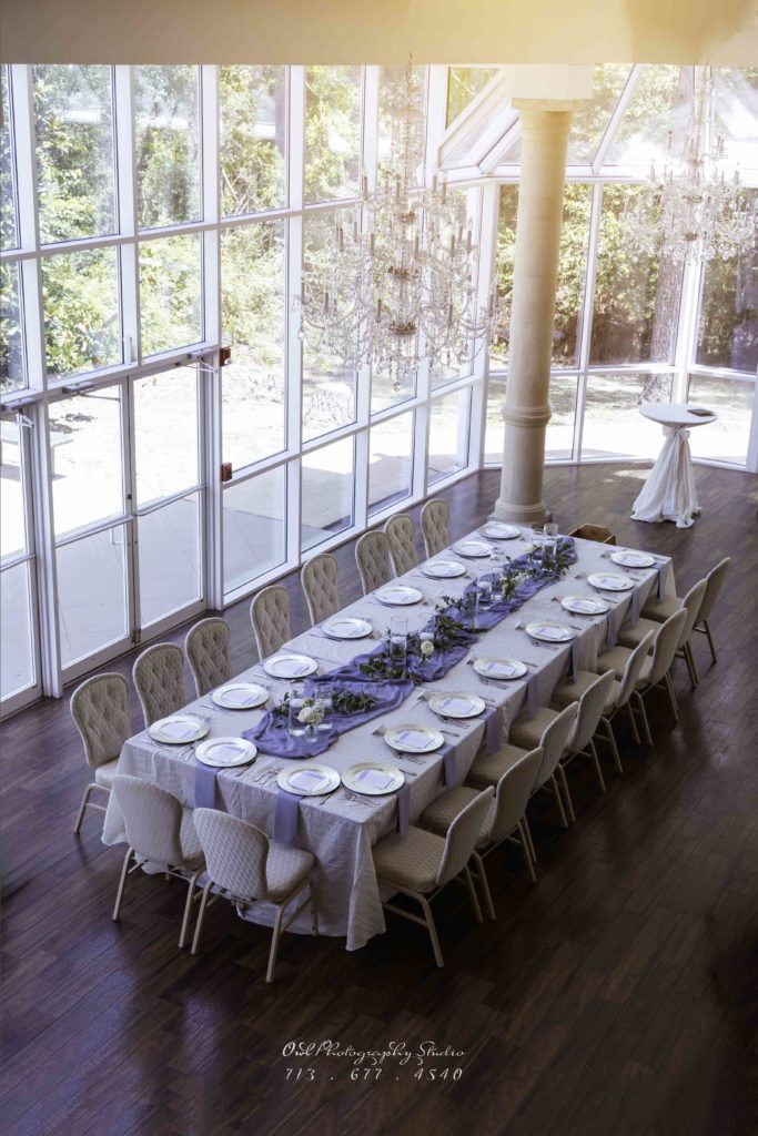 Wedding reception table setting with floral centerpiece, Houston wedding venue