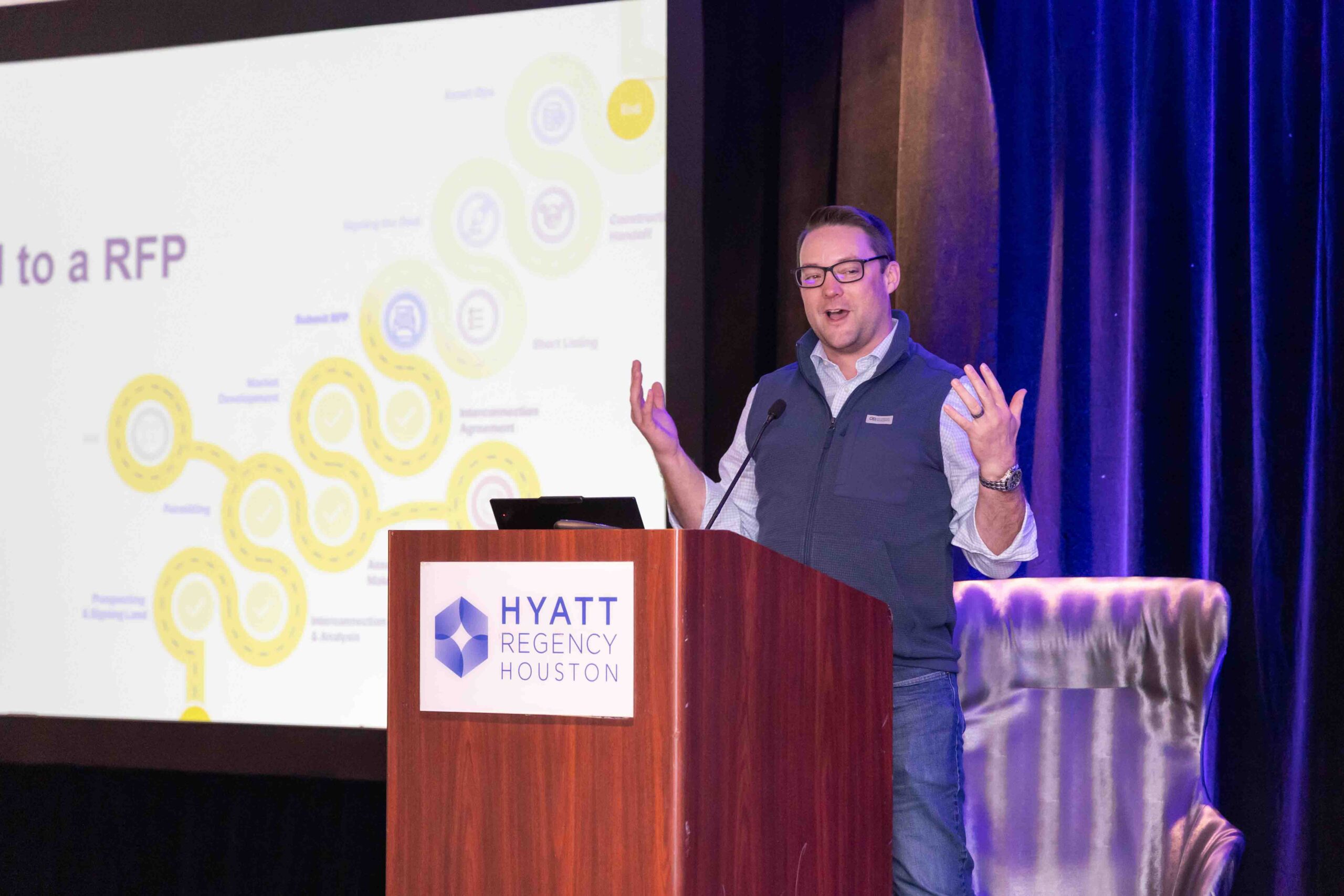 Conference speaker presenting at podium, Houston corporate event photography